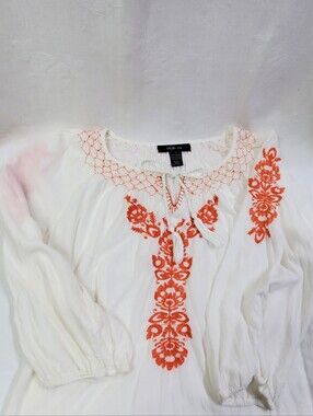 Style & Co. White Boho Orange Embroidered Flowers Pullover Peasant Top Small